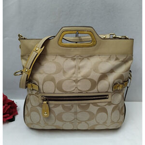 Coach Signature Yellow Tan Canvas Fold Over Zipper Crossbody Bag